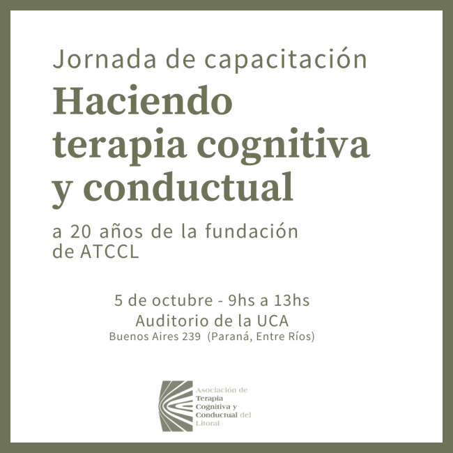 Abordaremos dos temas: Tema 1: Sufrir en silencio: perfeccionismo clínico y patología del control inhibitorio excesivo. Disertante: Dr. Eduardo Keegan. Tema 2: La pesadilla del mal dormir: qué nos ofrece la terapia cognitiva y conductual. Disertante: Dr. Pablo López. Arancel: Si abonas en Agosto el valor de la jornada es de $25000 Si abonas en Septiembre el valor de la jornada es de $30000 Miembros y alumnos de ATCCL: $25000 Te dejamos el formulario de inscripción. ¡Esperamos contar con tu presencia! Comisión ATCCL 2024.