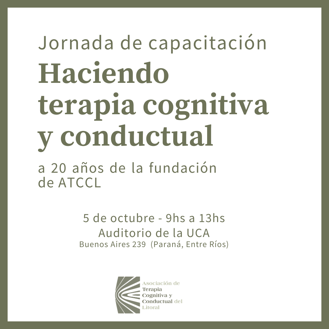 Abordaremos dos temas: Tema 1: Sufrir en silencio: perfeccionismo clínico y patología del control inhibitorio excesivo. Disertante: Dr. Eduardo Keegan. Tema 2: La pesadilla del mal dormir: qué nos ofrece la terapia cognitiva y conductual. Disertante: Dr. Pablo López. Arancel: Si abonas en Agosto el valor de la jornada es de $25000 Si abonas en Septiembre el valor de la jornada es de $30000 Miembros y alumnos de ATCCL: $25000 Te dejamos el formulario de inscripción. ¡Esperamos contar con tu presencia! Comisión ATCCL 2024.